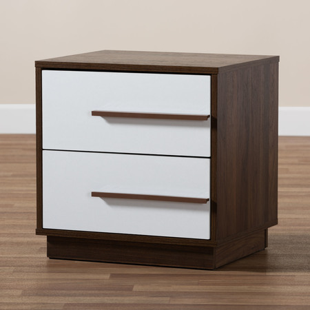 Baxton Studio Mette Mid-Century White and Walnut Finished 2-Drawer Wood Nightstand 157-9526